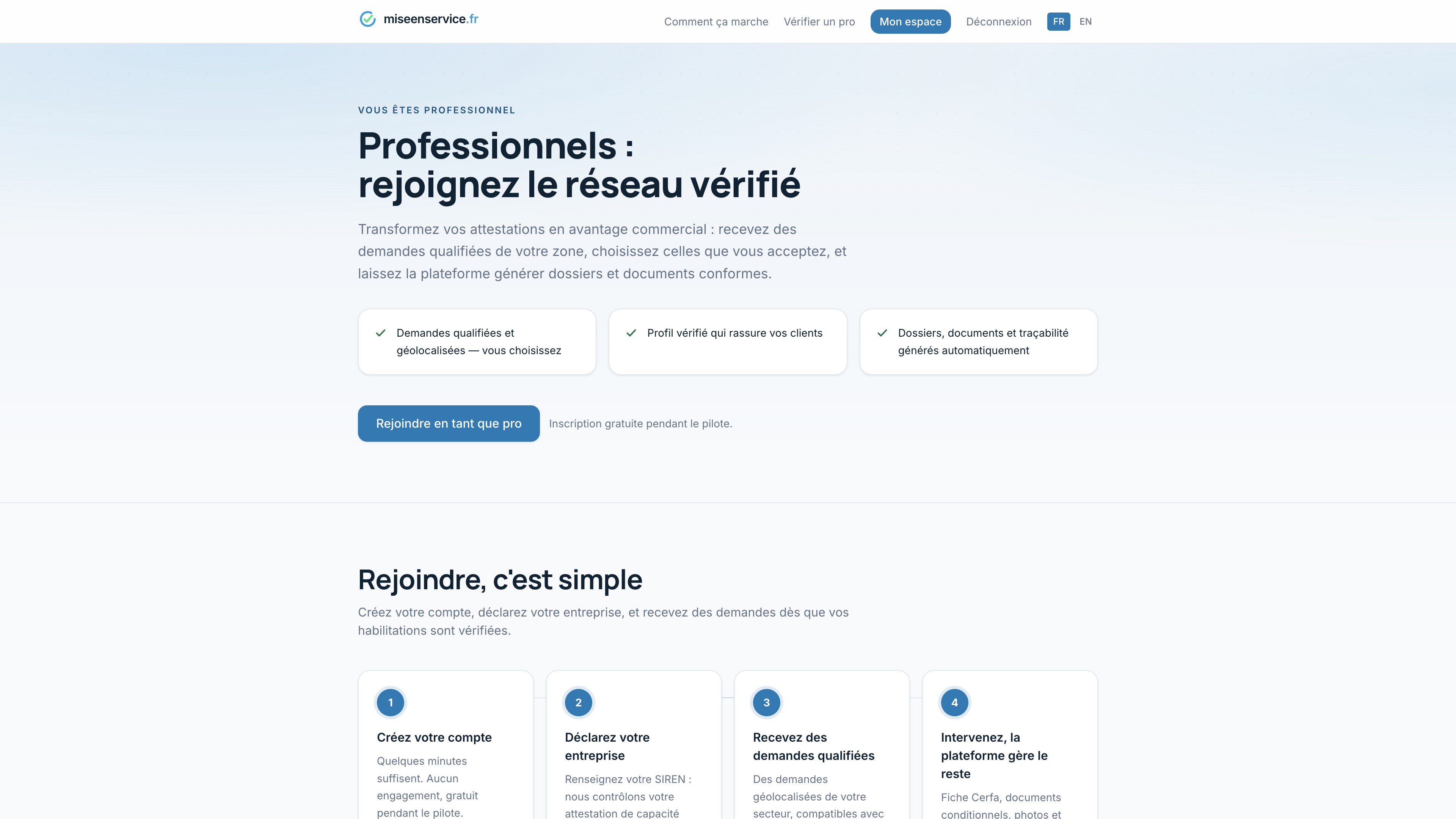 Espace professionnel miseenservice.fr